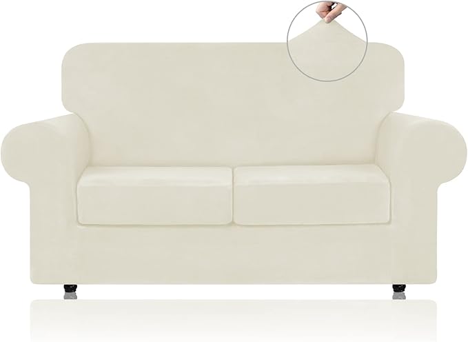 WEERRW Velvet Couch Covers for 2 Cushion Couch Sofa - High Stretch Luxury Velvet Plush 3 Pieces Sofa Slipcovers with Elastic Bottom, Furniture Protector for Pets, Machine Washable, Ivory, Medium