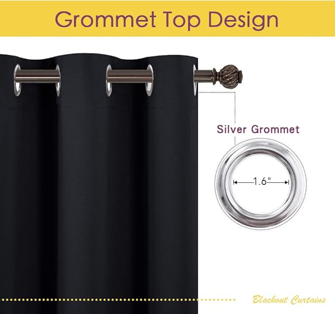 NICETOWN Blackout Curtain Panels 70 inches Length, Set of 2, 34 inches Wide, Black, Light Reducing Thermal Insulated Solid Grommet Room Darkening for Bedroom/Night Shift