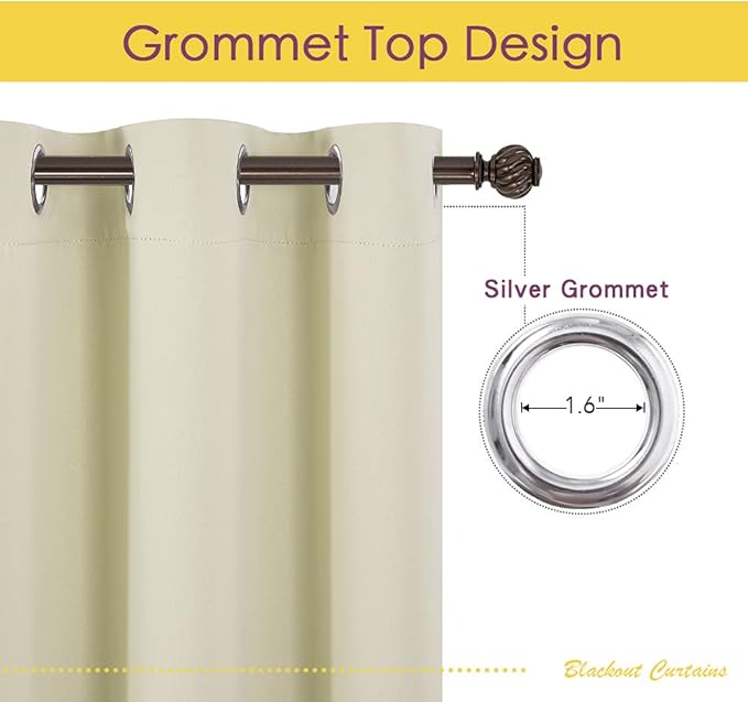NICETOWN Blackout Beige Curtains 80 inch Long for Bedroom, Set of 2, W34 x L80, Thermal Insulated Solid Grommet Vertical Drapes Room Darkening Drapes for Living Room
