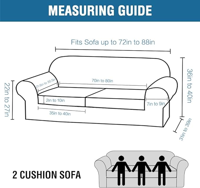 H.VERSAILTEX 3 Piece Stretch Sofa Covers for 2 Cushion Sofa Couch Covers for Living Room Furniture Cover (Base Cover Plus 2 Seat Cushion Covers) Thicker Jacquard Fabric(Large Sofa, Dusty Blue)