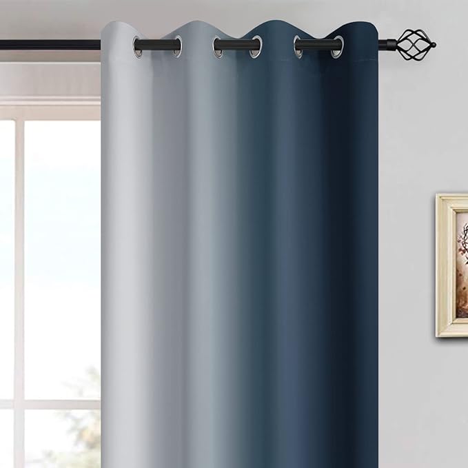 Yakamok Room Darkening Ombre Curtains 96 Inch Length, Navy Blue and Greyish White Thermal Insulated Gradient Color Curtains,Light Blocking Grommet Window Drapes for Bedroom,52 Inch Width,2 Panels