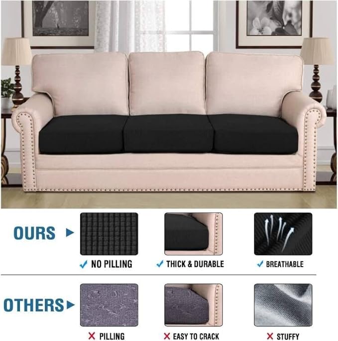 H.VERSAILTEX Super Stretch Couch Cushion Covers Sofa Cushion Slipcovers Jacquard Fabric Individual Seat Couch Slipcover Sets for Pets with Elastic Bottom(3 Packs Cushion Sofa Covers, Black)