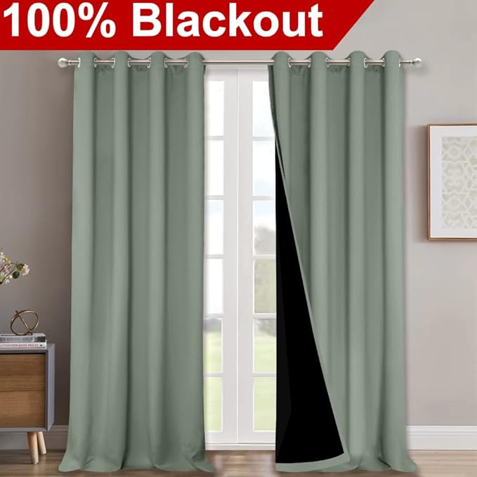 NICETOWN 100% Blackout Window Curtain Panels, Heat and Full Light Blocking Drapes with Black Liner for Nursery, 120" Drop Thermal Insulated Draperies (Greyish Green, 2 Pieces, 52" Wide Each Panel)