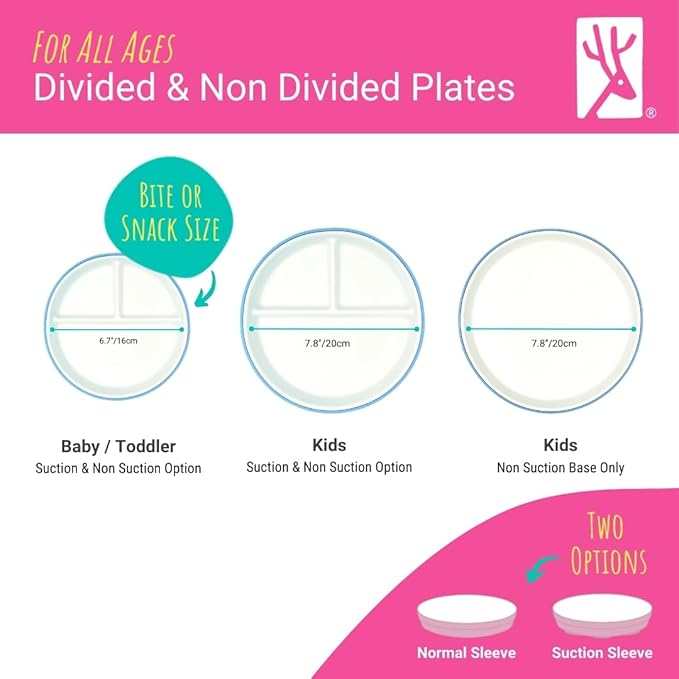 Elk and Friends Kids 7.8” Porcelain White Plates with Silicone Sleeves | Suitable for Babies/Toddlers | Microwave & Dishwasher Safe | Non Slip Dinnerware | Snack Dishes | 4 Pack
