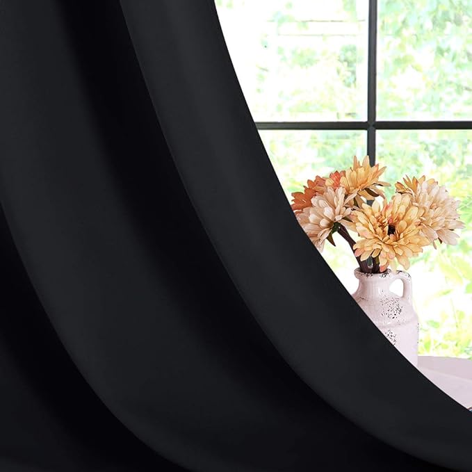 NICETOWN Bathroom Blackout Curtains and Drapes, Black Solid Thermal Insulated Grommet Blackout Drapery Panels for Window (2 Panels, 70 inches Wide by 95 inches Long, Black)
