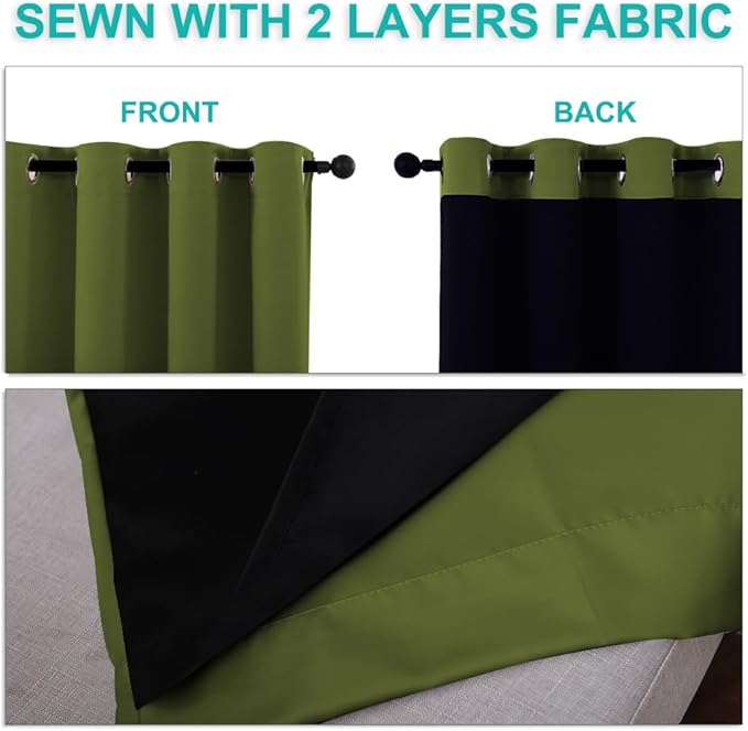 NICETOWN 100% Blackout Short Curtains with Black Liners, 2 Panels, 37" W by 40" L, Olive Green, Solid Thermal Insulated Full Blackout 2-Layer Lined Drapes, Energy Efficiency Window Drapes for Bedroom