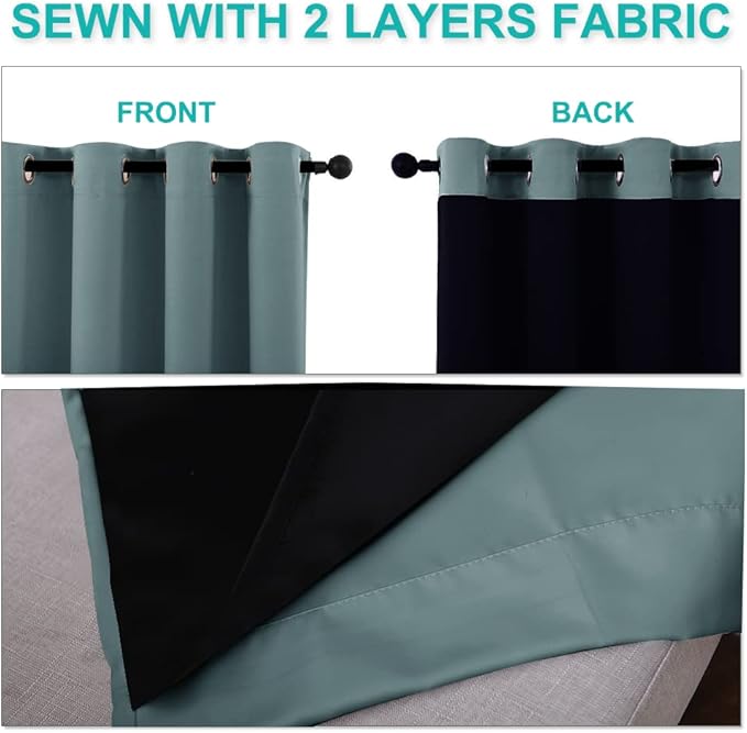 NICETOWN 100% Blackout Short Curtains with Black Liners, 2 Panels, 37" W by 60" L, Greyish Blue, Solid Thermal Insulated Full Blackout 2-Layer Lined Drapes, Energy Efficiency Window Drapes for Bedroom