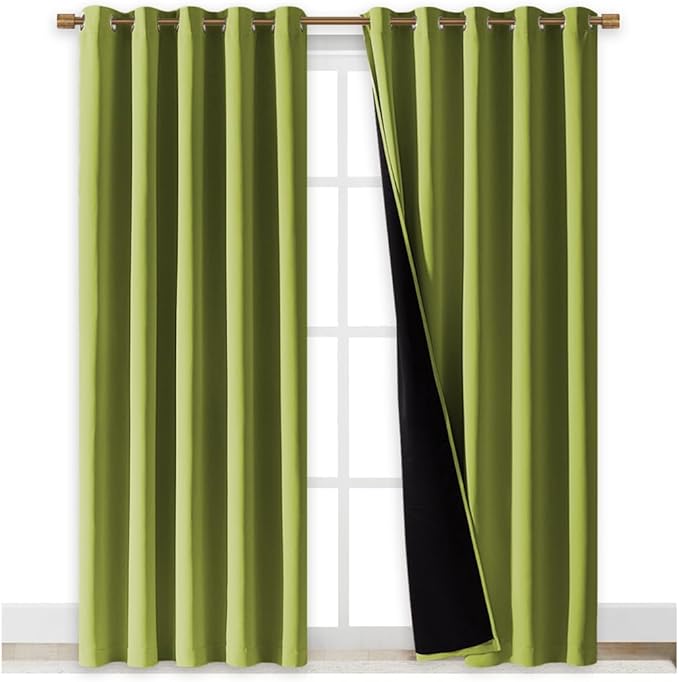 NICETOWN 100% Blackout Window Curtain Panels, Fresh Green, 2 PCs, 62" Wide Each Panel, Cold and Full Light Blocking Drapes with Black Liner for Nursery, 84 inches Drop Thermal Insulated Draperies