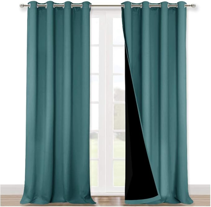 NICETOWN Full Shading Curtains 90" Long 2 Panels Set for Windows, Sea Teal, Pack of 2, 52" W, Super Heavy-Duty Black Lined Blackout Curtains for Bedroom, Privacy Assured Window Treatment