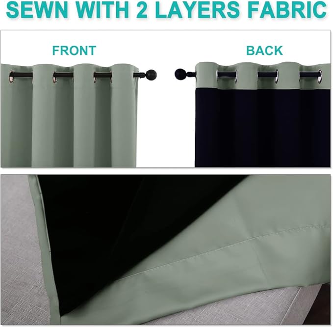 NICETOWN 100% Blackout Window Curtain Panels, Heat and Full Light Blocking Drapes with Black Liner for Nursery, 80" Drop Thermal Insulated Draperies (Greyish Green, 2 Pieces, 37" Wide Each Panel)