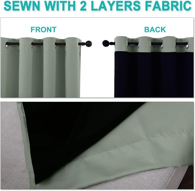 NICETOWN 100% Blackout Window Curtain Panels, Heat and Full Light Blocking Drapes with Black Liner for Nursery, 102" Drop Thermal Insulated Draperies (Greyish Green, 2 Pieces, 52" Wide Each Panel)