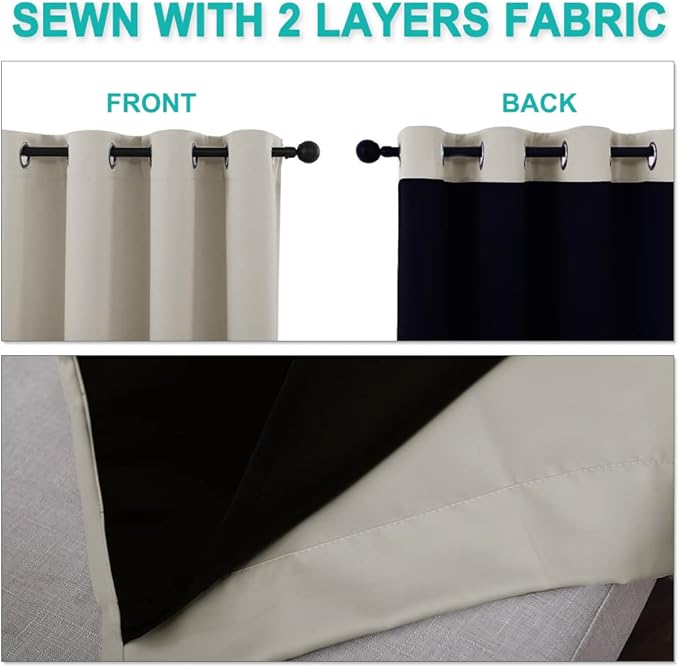 NICETOWN Natural 100% Blackout Lined Curtains, 2 Thick Layers Completely Blackout Window Treatment Thermal Insulated Drapes for Kitchen/Bedroom (1 Pair, 52 inches Width x 63 inches Length Each Panel)