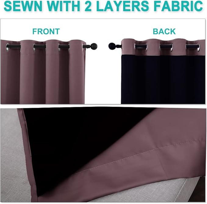 NICETOWN Room Warming Thermal Insulated 100% Blackout Curtains, Sound Proof Drapes with Black Backing, Full Light Blocking Panels for Patio Sliding Door (Dry Rose, 1 Pair, 55 inches x 102 inches)