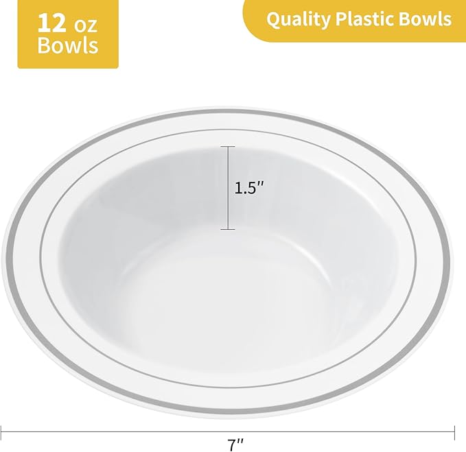 Goodluck 100 Pack Plastic Bowls with Silver Rim, 12oz Disposable Soup Bowls, Heavy Duty Dessert Bowls for Weddings, Parties, Dinners, Catering, and Everyday Use