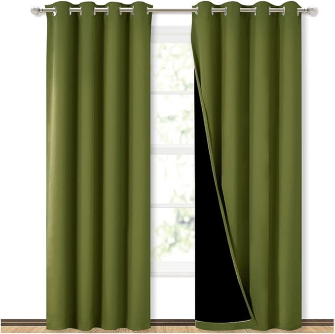 NICETOWN 100% Blackout Curtain Set, Thermal Insulated & Energy Efficiency Window Draperies for Guest Room, Full Shading Panels for Shift Worker and Light Sleepers, Olive Green, 52W x 84L, 2 PCs
