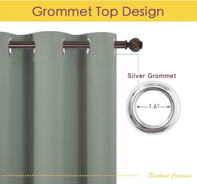 NICETOWN ROM Darkening Curtains 48 inch Length 2 Panels, Thermal Insulated Grommet Blackout Curtains for Modern Casual Elegant Bedroom Kids Room Theme Decoration (Greyish Green, 2 Pieces, W34)