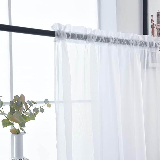 SpaceDresser Basic Rod Pocket Sheer Voile Window Curtain Panels White 1 Pair 2 Panels 70 Width 95 Inch Long for Kitchen Bedroom Children Living Room Yard(White,70 W x 96 L)
