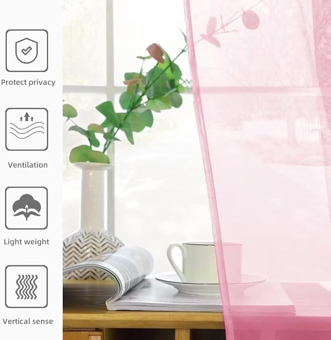 youleyar Solid Sheer Rod Pocket Curtain Voile Draperies 2 Panels White Beige Black Grey Coffee 52 Inch Width 108 Inch Long 1 Pair for Kitchen Bedroom Children Living Room Yard (Pink, 52Wx108L)