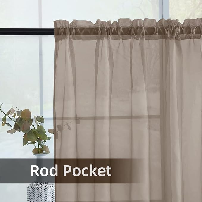youleyar Solid Sheer Rod Pocket Curtain Voile Draperies 2 Panels White Beige Black Grey Ivory 52 Inch Width 108 Inch Long 1 Pair for Kitchen Bedroom Children Living Room Yard (Taupe,52Wｘ108L)