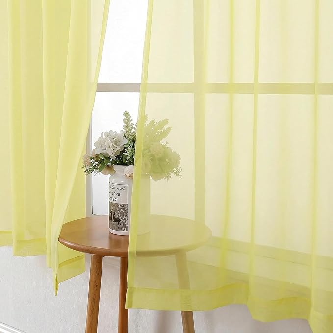 Lecloud Goose Yellow Sheer Curtains 63 Inch Length 2 Panels, Light Filtering Voile Bedroom Curtains with Rod Pocket, Airy Farmhouse Window Drapes for Living Room Dining Room, Each Panel 42" W x 63" L