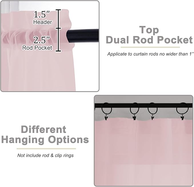 Extra Long Blush Sheer Curtains for Bedroom Living Room 108 Inches Long 2 Panels Set, Solid Soft Light Filtering Rod Pocket Sheer Window Curtains, Blush, Each 59" Wx108 L Inch