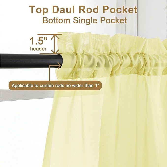 Chyhomenyc Sheer Curtains 90 inches Long 2 Panels - Light Filtering Soft Airy Solid Elegant Voile Window Treatment Drapes for Bedroom Living Room, 42Wx90L Inches, Light Yellow