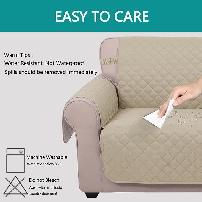 U-NICE HOME Reversible Oversized Chair Covers Quilted Water Repellent Pet Protectors with Elastic Straps(28''Armchair, Sand/Beige)