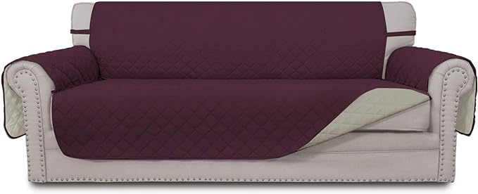 Easy-Going 4 Seater Sofa Slipcover Reversible Sofa Cover Water Resistant Couch Cover with Foam Sticks Elastic Straps Furniture Protector for Pets Children Dog Cat (XX-Large, Wine/Beige)