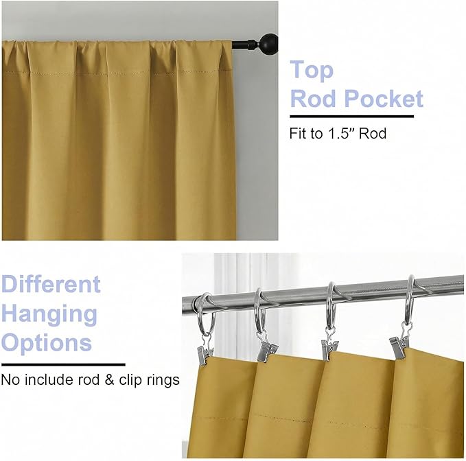 Simplebrand Ava Bright Gold Blackout Curtains for Bedroom 96 Inches Long 2 Panels, Solid Thermal Insulated, Energy Saving Nursery Window Treatment Curtains Blackout Drapes, W40 x L96 Inch, Bright Gold