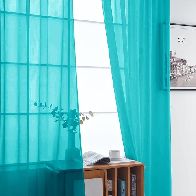 SpaceDresser Sheer Voile Window Treatment Rod Pocket Curtain Panels for Kitchen Bedroom Living Room Drapes Sunlight Filtering Privacy Semi Home Decor Assorted (Peacock Blue, 52 W x 72 L)