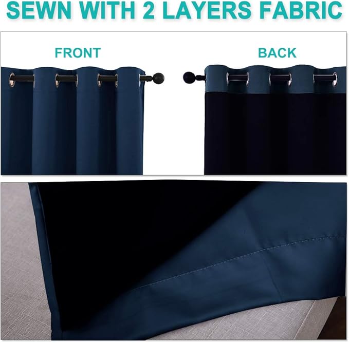 NICETOWN 100% Blackout Short Curtain Panels, Thermal Insulated Black Liner Curtains for Nursery Room, Noise Reducing and Cold Blocking Drapes for Windows (Set of 2, Navy Blue, 37" Wide by 63" Long)