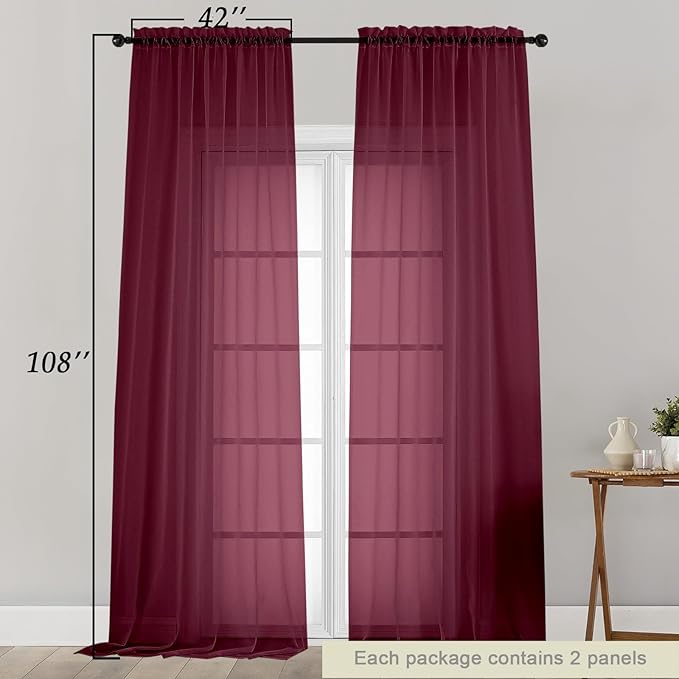 Extra Long Sheer Burgundy Curtains for Bedroom Living Room 108 Inches Long 2 Panels Set, Solid Soft Light Filtering Rod Pocket Sheer Window Curtains, Burgundy, Each 42" Wx108 L Inch