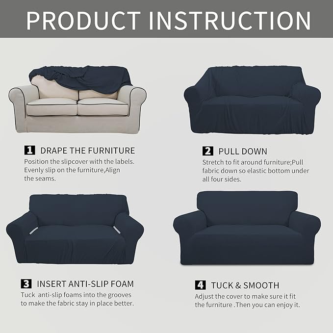 Easy-Going Stretch Oversized Loveseat Slipcover 1-Piece Sofa Cover Furniture Protector Couch Soft with Elastic Bottom for Kids Polyester Spandex Jacquard Fabric Small Checks Dark Blue