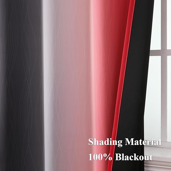 Estelar Textiler Ombre Red and Black Curtains 63 Inch Length 2 Panels, 100% Blackout Curtains for Living Room, Grommet Thermal Insulated Drapes, Full Light Blocking Curtains for Bedroom, 42x63 Inch