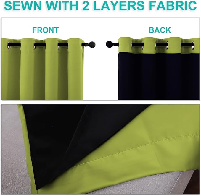 NICETOWN 100% Blackout Lined Curtains, Fresh Green, 1 Pair, 42" Width x 63" Length Each Panel, 2 Thick Layers Completely Blackout Window Treatment Panels Thermal Insulated Drapes for Kitchen