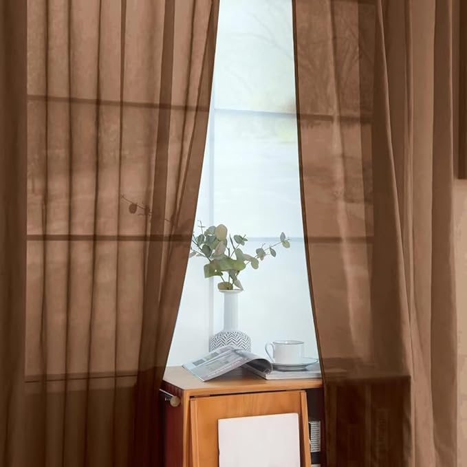 youleyar Solid Sheer Rod Pocket Curtain Voile Draperies 2 Panels White Beige Black Grey Coffee 52 Inch Width 45 Inch Long 1 Pair for Kitchen Bedroom Children Living Room Yard (Brown,52Wｘ45L)