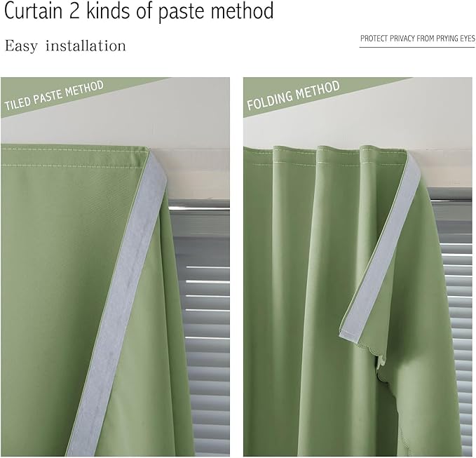 Magic Tape Blackout Curtains for Bedroom No Drillng Self Adhesive Curtains No Rod Small Window, 35" W X 59" L, Sage Green, 1 Panel