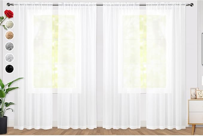 SpaceDresser Sheer White Curtains 4 Panels Rod Pocket Semi-Sheer Curtain 90 Inches Long Light Filtering Voile Window Drapes for Bedroom Living Room Kitchen, Each 52W x 90L