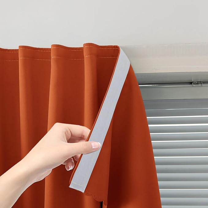 Self Adhesive Curtains Portable Blackout Curtain Simple and Easy to Install Bedroom Window Thermal Lnsulated Kitchen Room Darkening Black Small Drapes, 59" W X 71" L, Orange, 1 Panel
