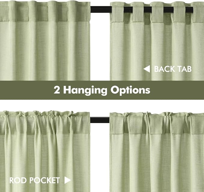 MIULEE Sage Green Kitchen Curtains 36 Inch Length 2 Panels, Soft Thick Linen Textured Semi Sheer Light Filtering Short Cafe Tier Curtains for Small Half Window Bathroom Laundry Back Tab Rod Pocket