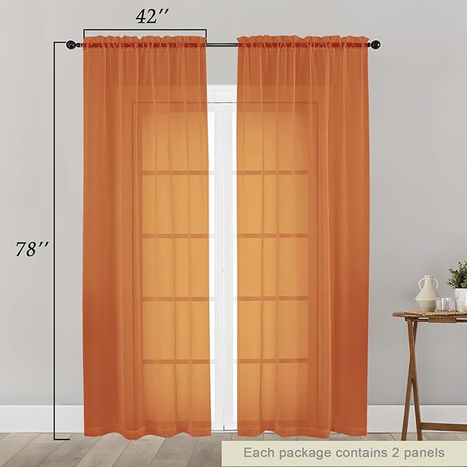 Orange Sheer Curtain for Bedroom Living Room 78 Inches Long 2 Panels Set, Solid Soft Airy Light Filtering Sheer Window Curtains, Modern Rod Pocket Door Curtain, Orange, 42" Wx78 L Inches