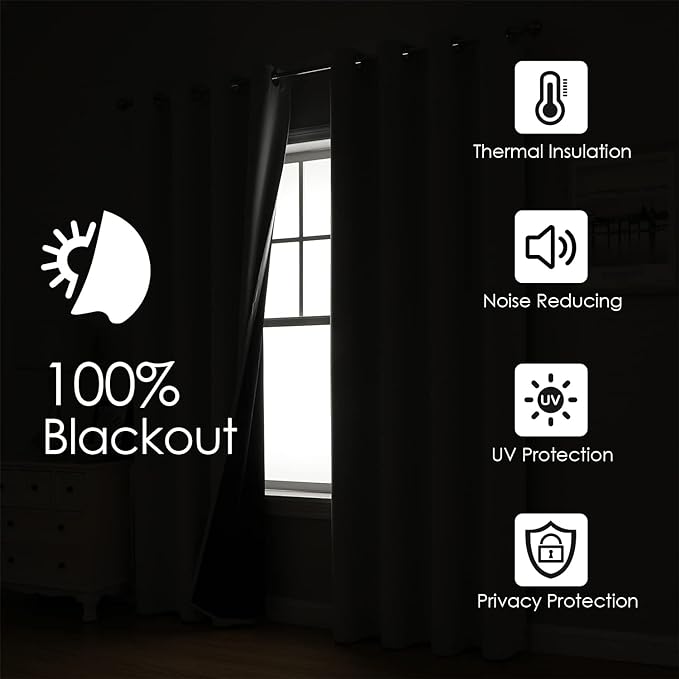 ChrisDowa 100% Blackout Curtains 84 inch Long for Bedroom with Black Liner, 2 Thick Layers Total Blackout Thermal Insulated Grommet Window Curtains 2 Panels Set (Greyish White, 38 x 84 Inch)