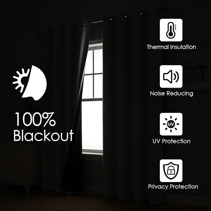 ChrisDowa White 100% Blackout Curtains 80 inch Long for Bedroom with Black Liner, 2 Thick Layers Total Blackout Thermal Insulated Grommet Window Curtains 2 Panels Set (Pure White, 52 x 80 Inch)