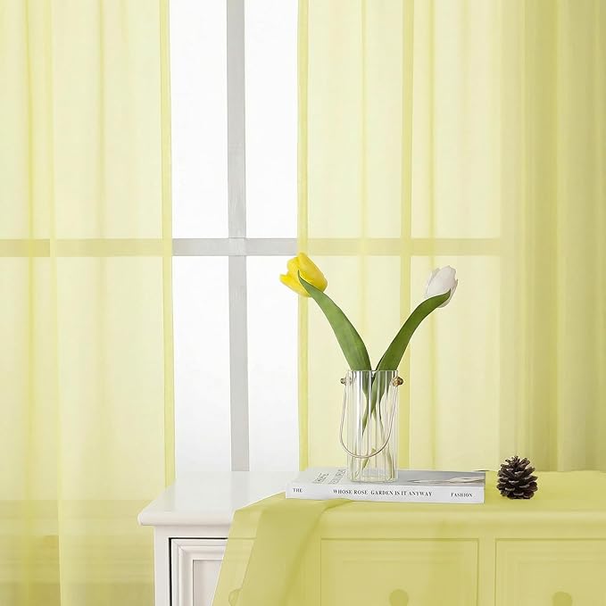 Lecloud Goose Yellow Sheer Curtains 63 Inch Length 2 Panels, Light Filtering Voile Bedroom Curtains with Rod Pocket, Airy Farmhouse Window Drapes for Living Room Dining Room, Each Panel 42" W x 63" L