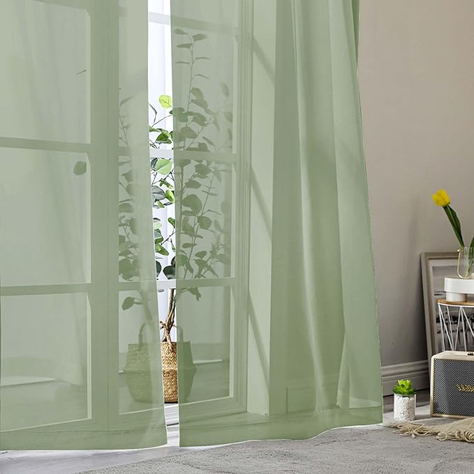 Sage Green Sheer Curtains for Bedroom Living Room 90 Inches Long 2 Panels Set, Soft Airy Light Filtering Sheer Window Treatments, Modern Rod Pocket Curtains Drapes, Each 42" Wx90 L Inch
