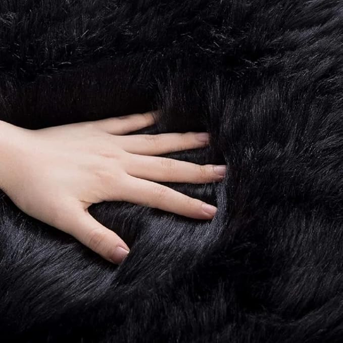ORINOVA Black Fuzzy Living Room Washable Area Rugs for Bedroom Shag Circle Faux Sheepskin Furry Fur Round Rug 5ft Nursery Rug
