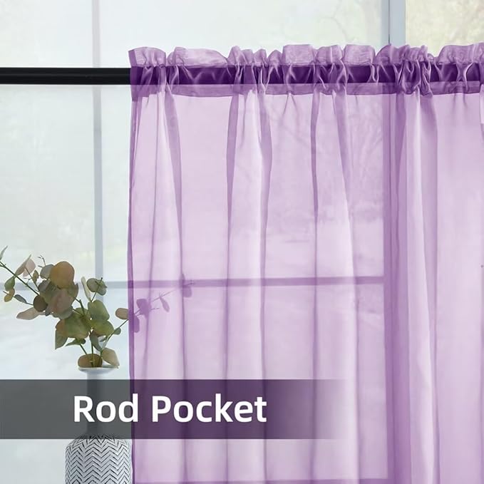youleyar Solid Sheer Rod Pocket Curtain Voile Draperies 2 Panels White Beige Black Grey Coffee 52 Inch Width 45 Inch Long 1 Pair for Kitchen Bedroom Children Living Room Yard (Lavender,52Wｘ45L)