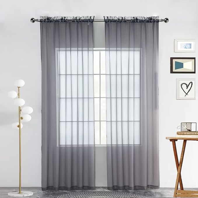 SpaceDresser Sheer Voile Window Treatment Rod Pocket Curtain Panels for Kitchen Bedroom Living Room Drapes Sunlight Filtering Privacy Semi Home Decor Assorted Colors Sizes (Grey, 52 W x 72 L)