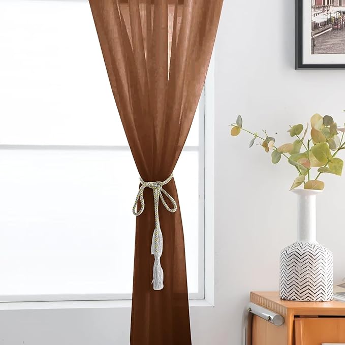 SpaceDresser Sheer Voile Window Treatment Rod Pocket Curtain Panels for Kitchen Bedroom Living Room Drapes Sunlight Filtering Privacy Semi Home Decor Assorted (Brown, 52 W x 72 L)