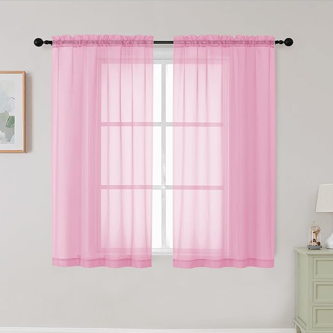 Pink Sheer Curtains for Bedroom Living Room 45 Inch Length 2 Panels, Soft Airy Light Filtering Small Kitchen Window Curtains, Rod Pocket Short Curtain Drapes, Pink, 42" Wx45 L Inches